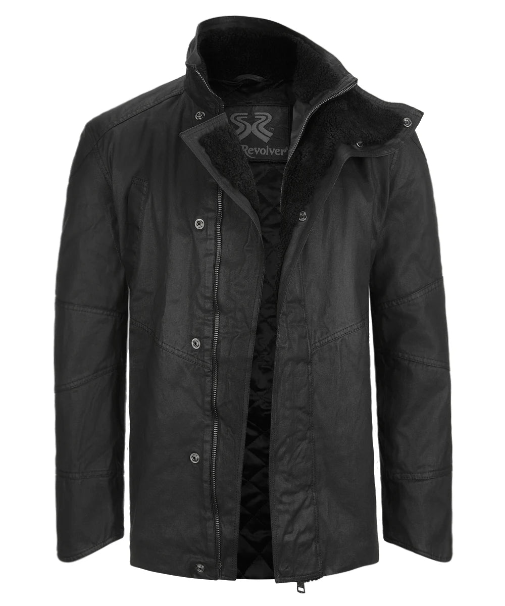 Men’s black 2049 jacket front view with high collar
