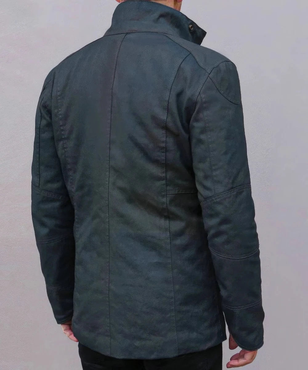Back view of men’s 2049 green jacket with high collar