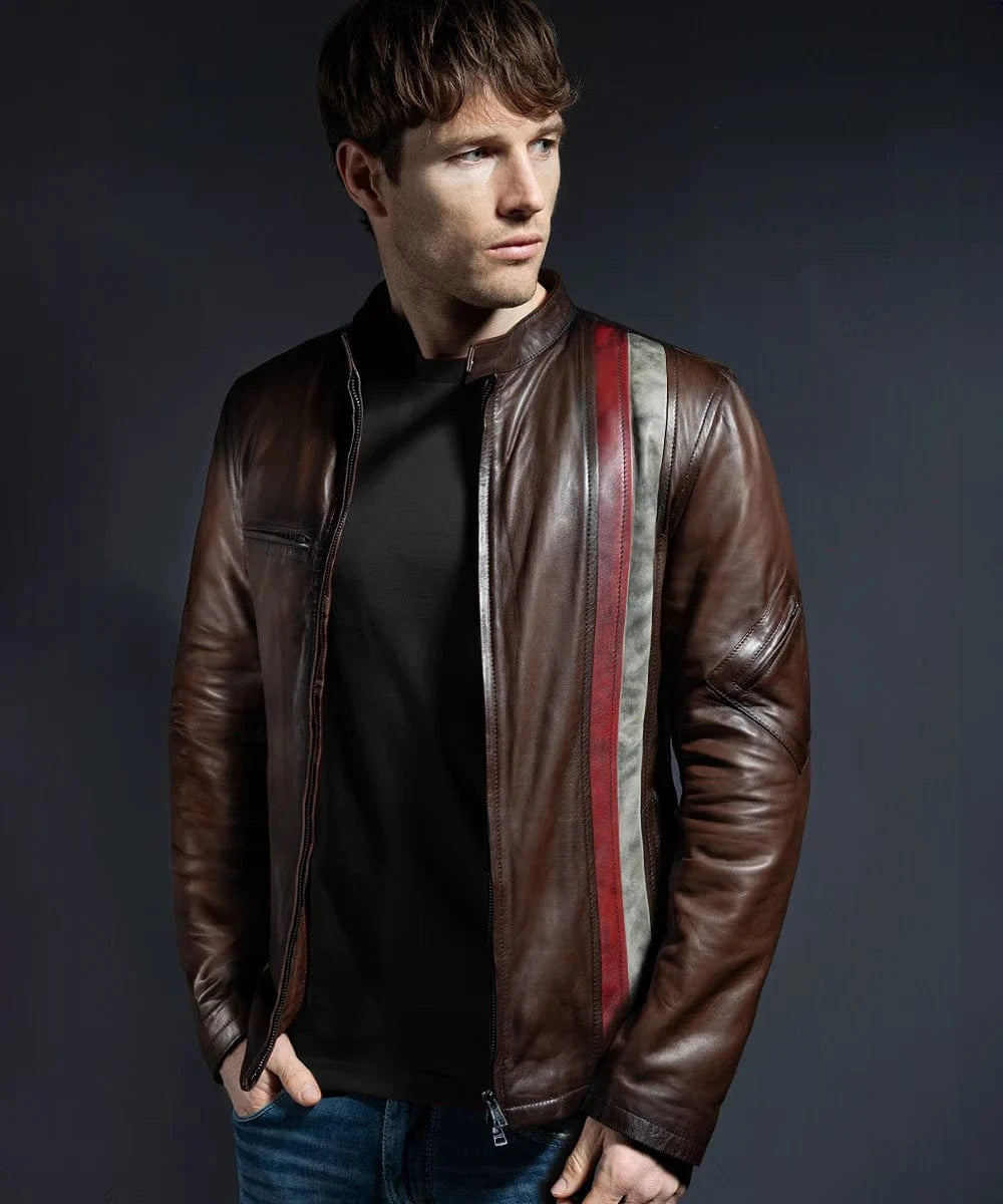 Model wearing brown Cyclops replica leather jacket with red and distressed white racing stripe panels