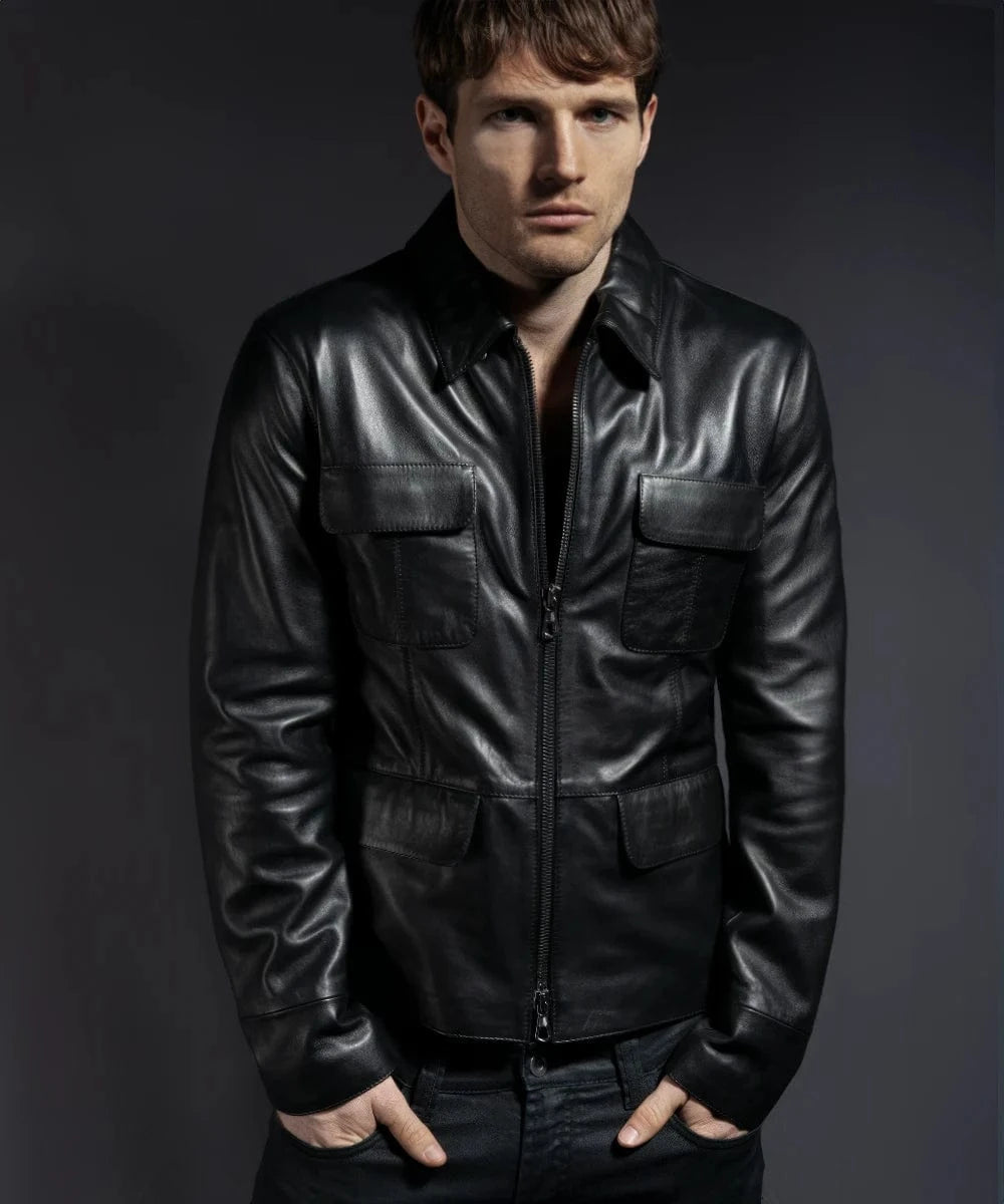Model wearing black Damon Salvatore replica leather jacket with utility pockets and zip front style