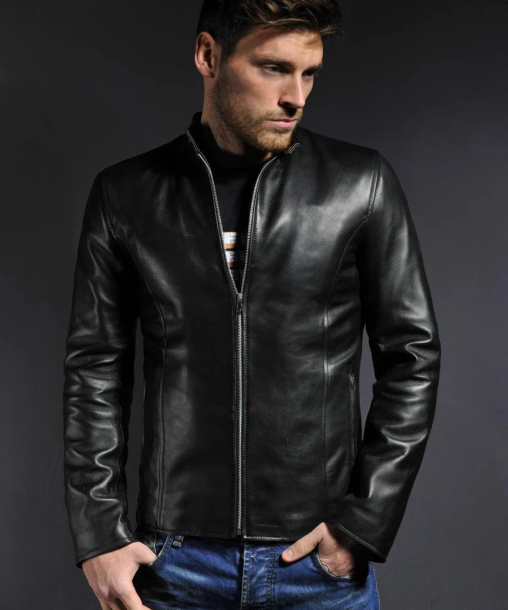 Model wearing black vintage cafe racer style leather jacket for men with slim fit