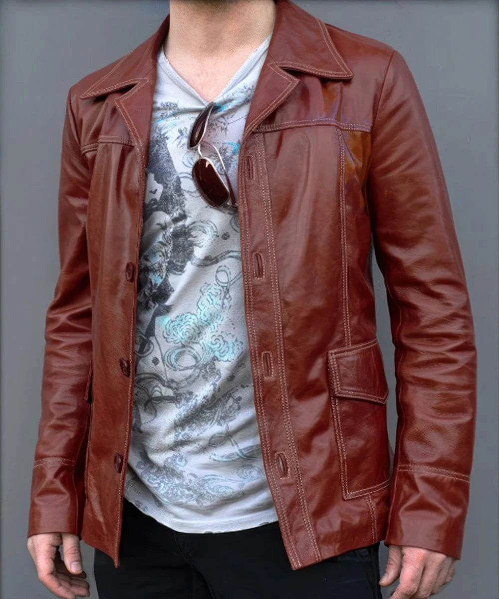 Model wearing Fight Club open front styling and wide lapel collar