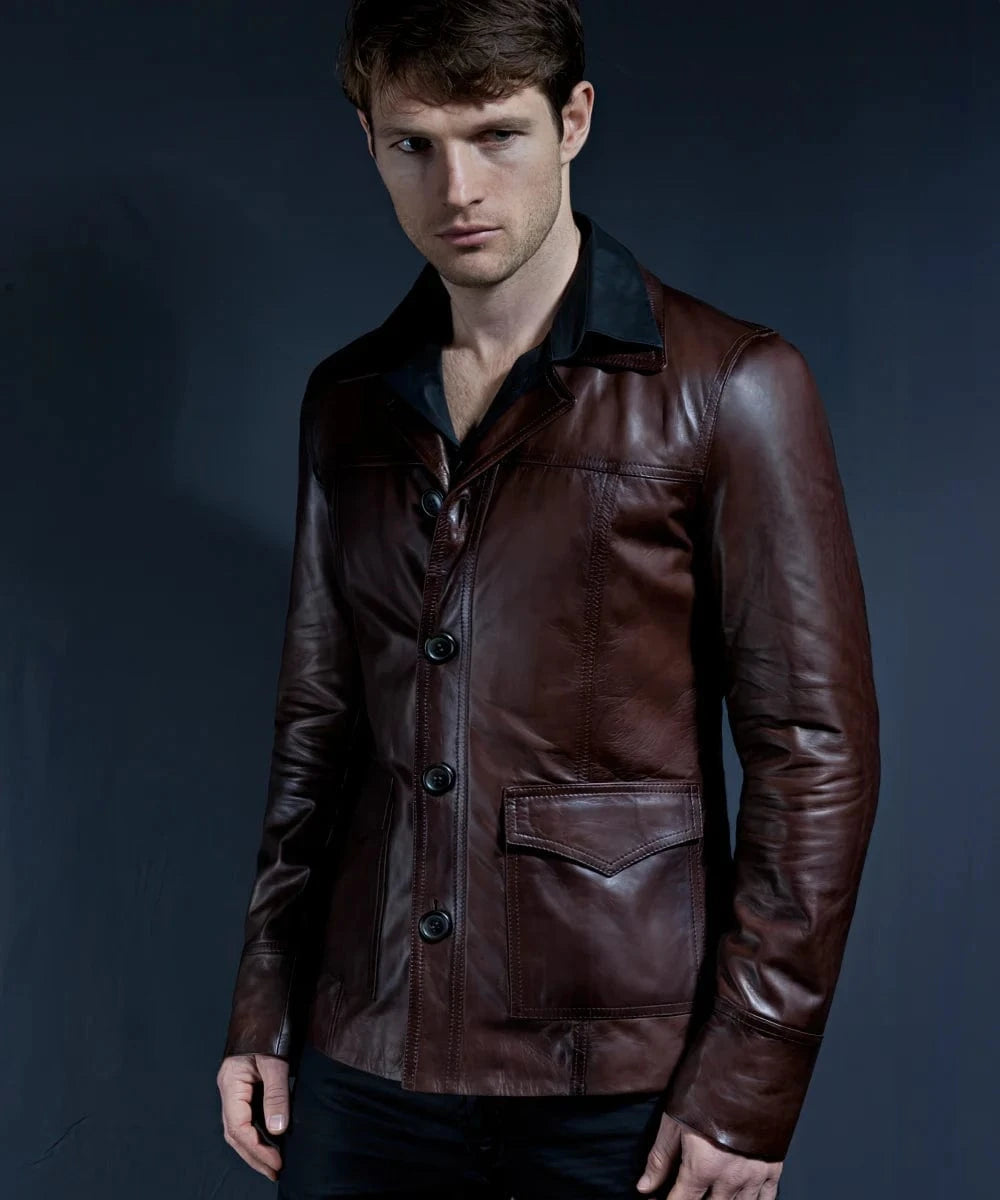 Model wearing vintage slim fit brown leather jacket with retro button front styling and contrast collar detail