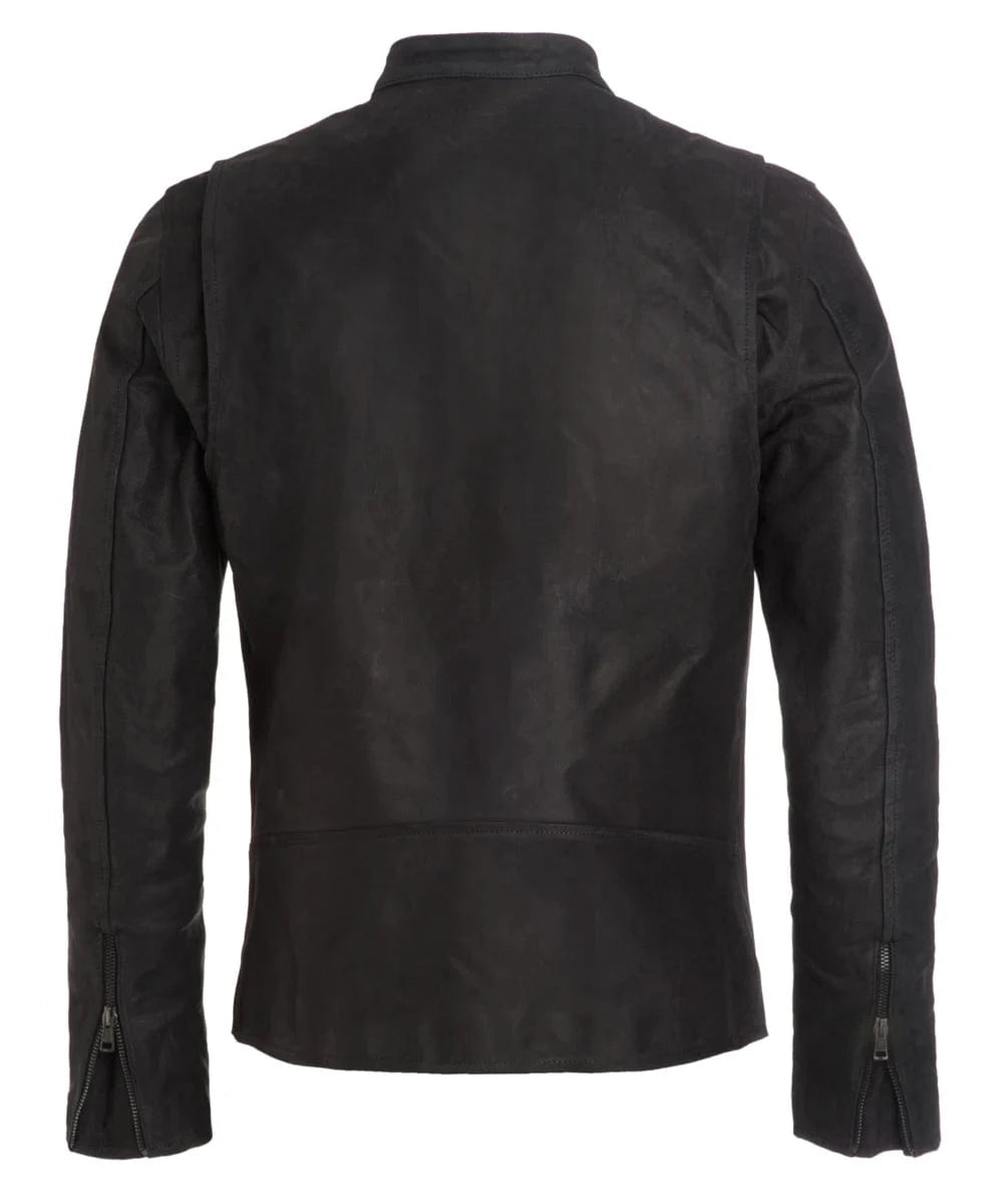 Back view of black cafe racer calf leather jacket with zip cuffs and tailored fit