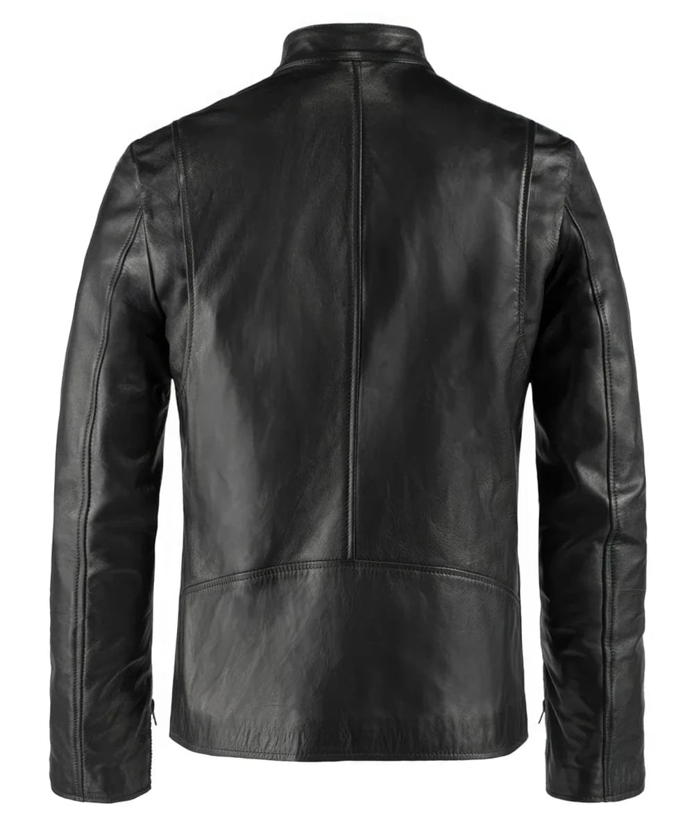 Back view of Iron Man movie replica black leather jacket with slim fit cafe racer styling and clean rear silhouette