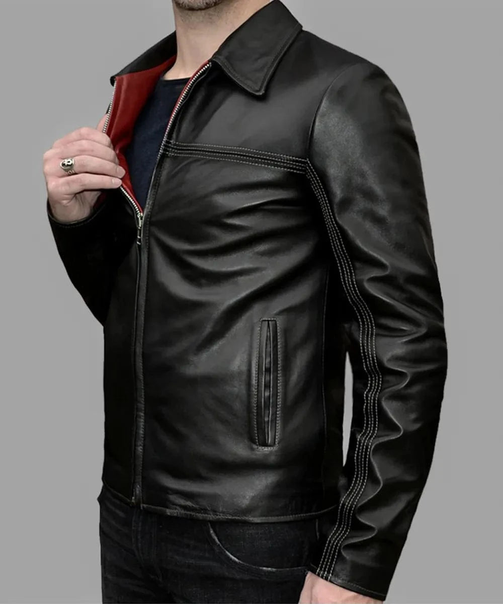 Close-up view of the black leather Layer Cake movie replica jacket featuring slim fit styling, vintage collar, contrast stitching, zip front closure, and deep red interior lining detail