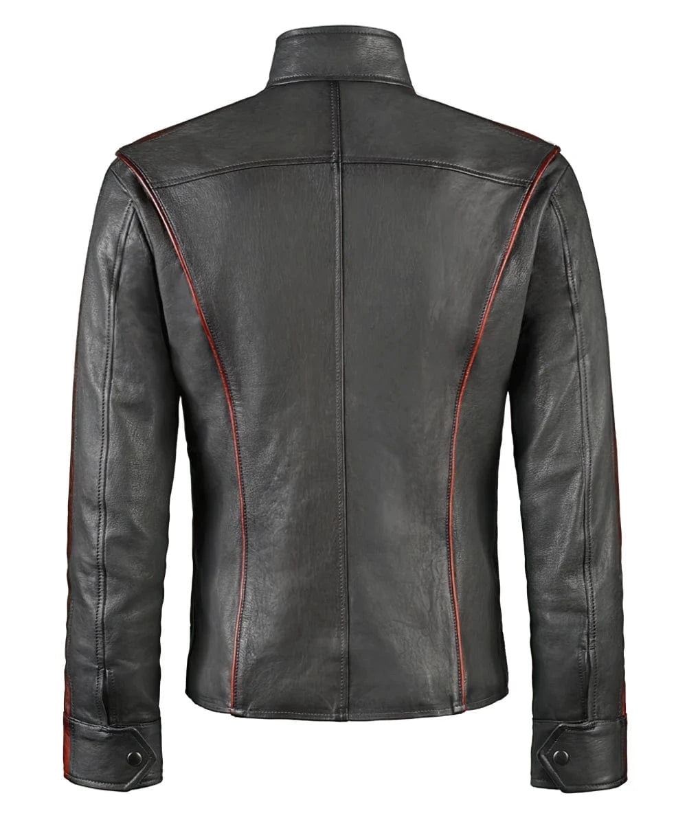 Back view of Mass Effect replica grey leather jacket with slim fit futuristic styling and contrast red piping detail