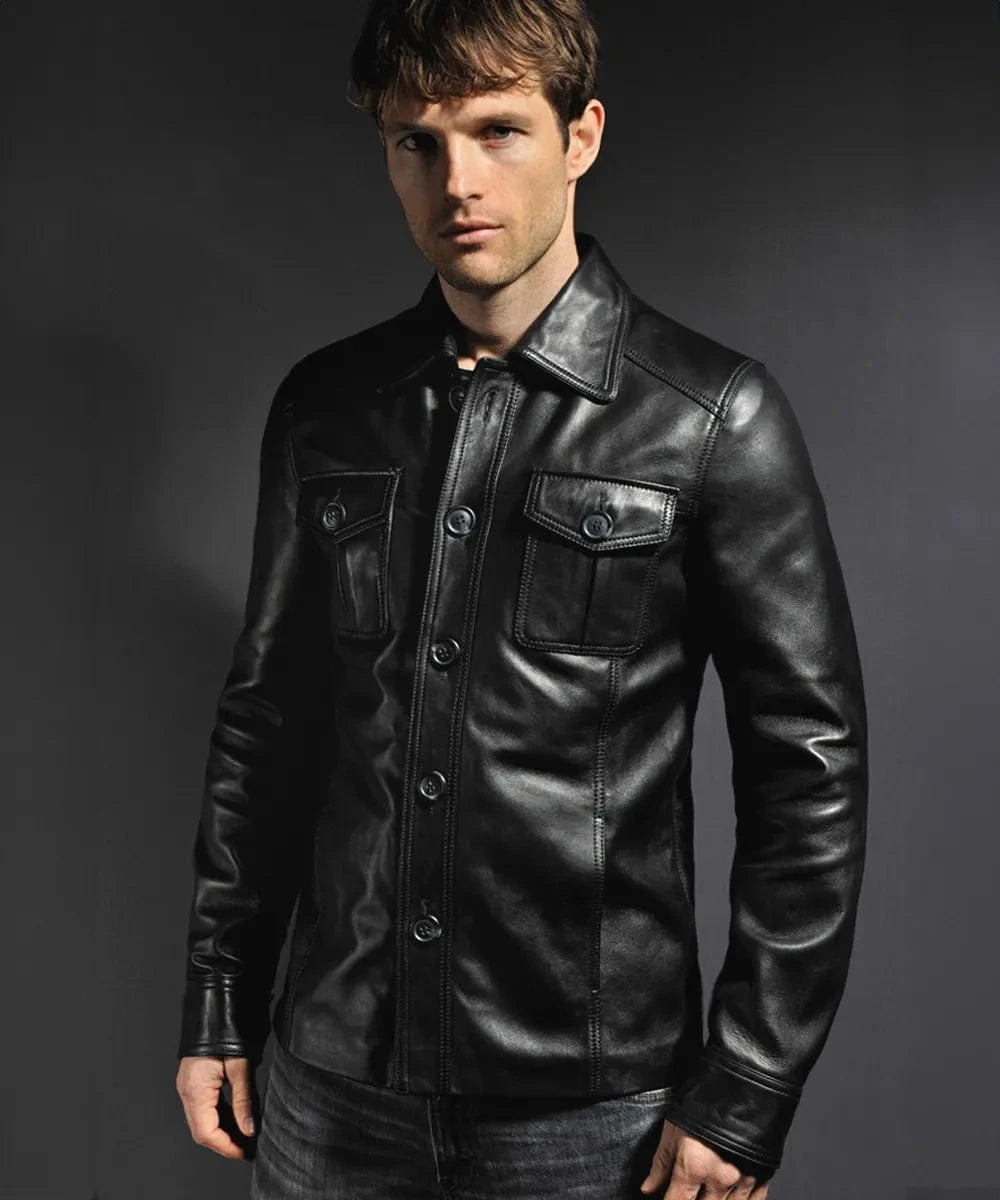 Model wearing vintage black leather shirt jacket with slim fit styling and classic button front design