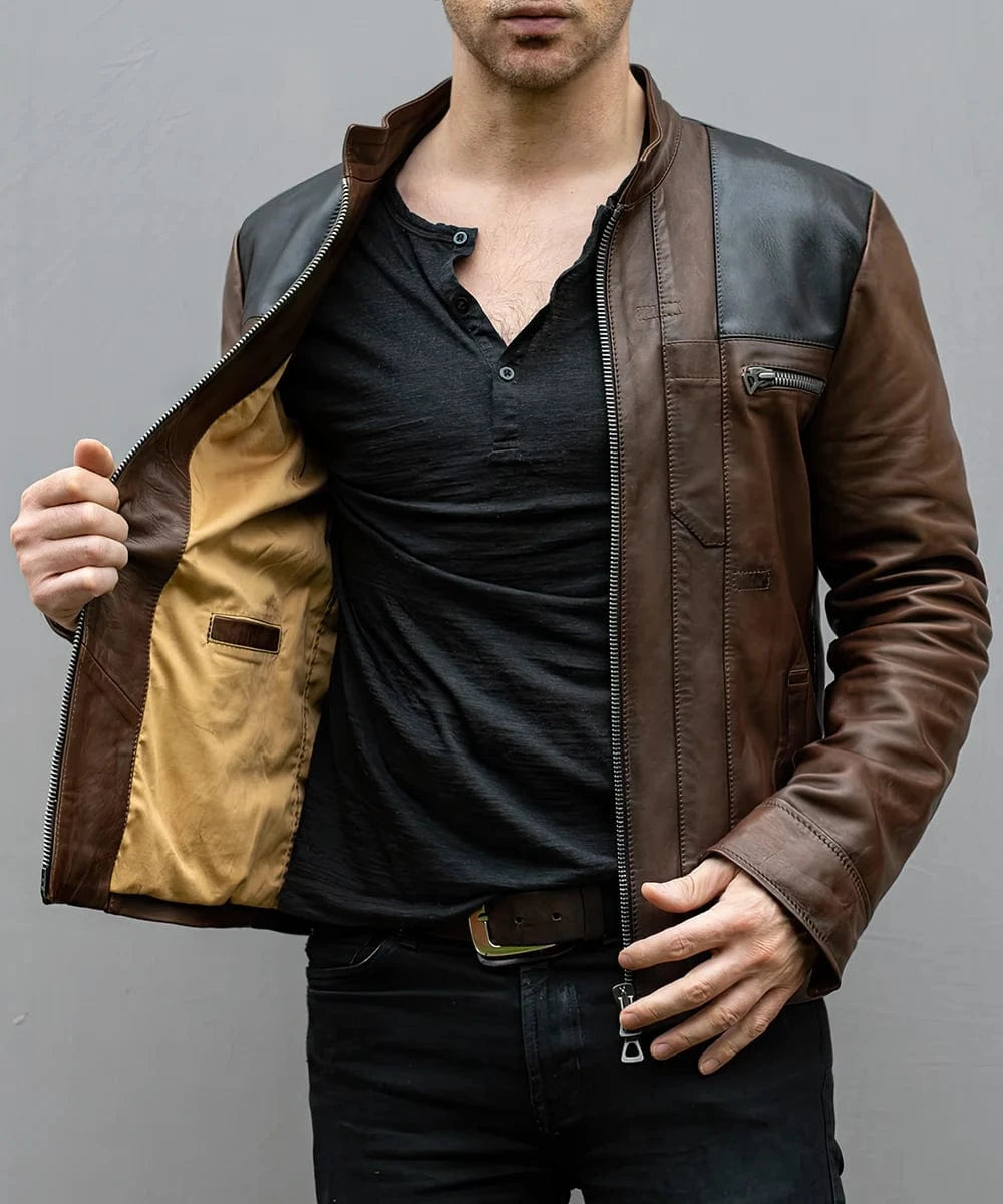 Model wearing Han Solo replica brown leather jacket with slim fit sci fi styling and contrast shoulder panel detailing, showing interior lining