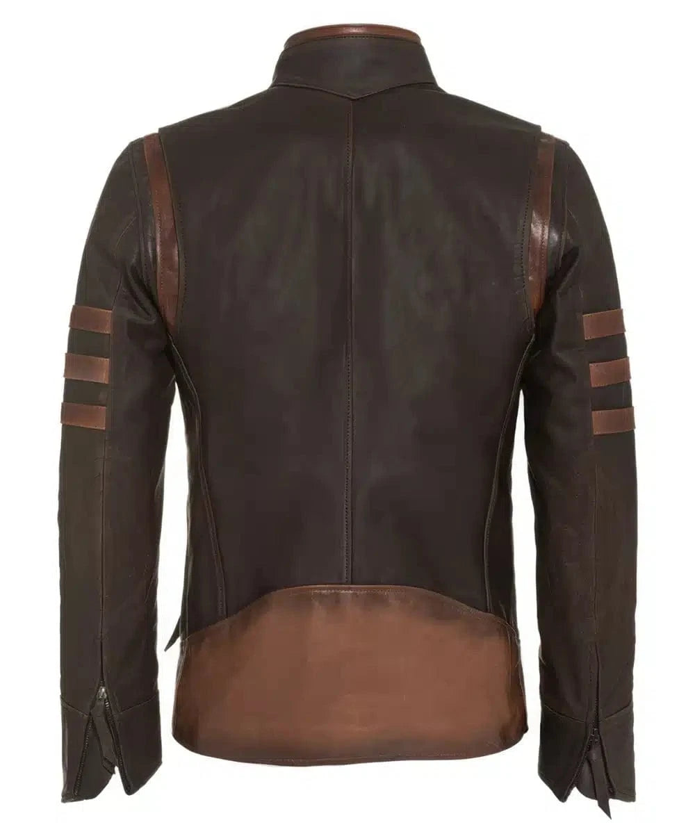 Back view of Origins replica brown calf leather jacket with slim fit vintage biker styling and contrast racing stripe detailing