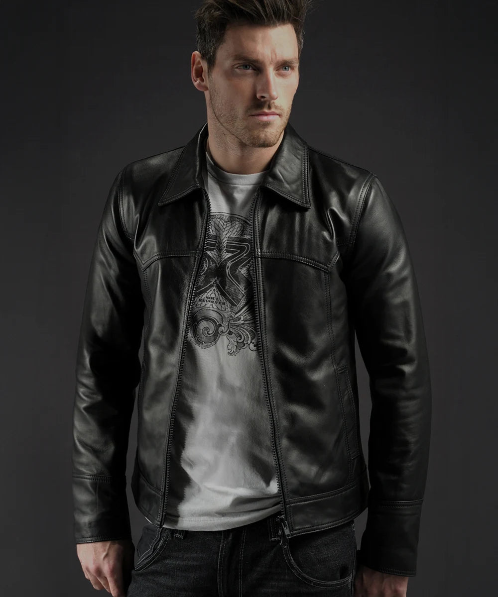 Men wearing slim fit black leather jacket with grey Soul Revolver t-shirt