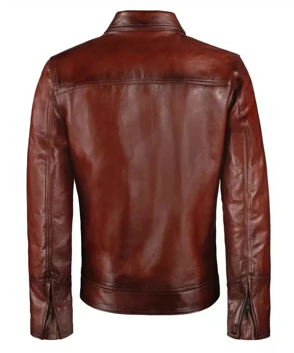 Back view of vintage red leather jacket with slim fit styling and western inspired yoke detailing