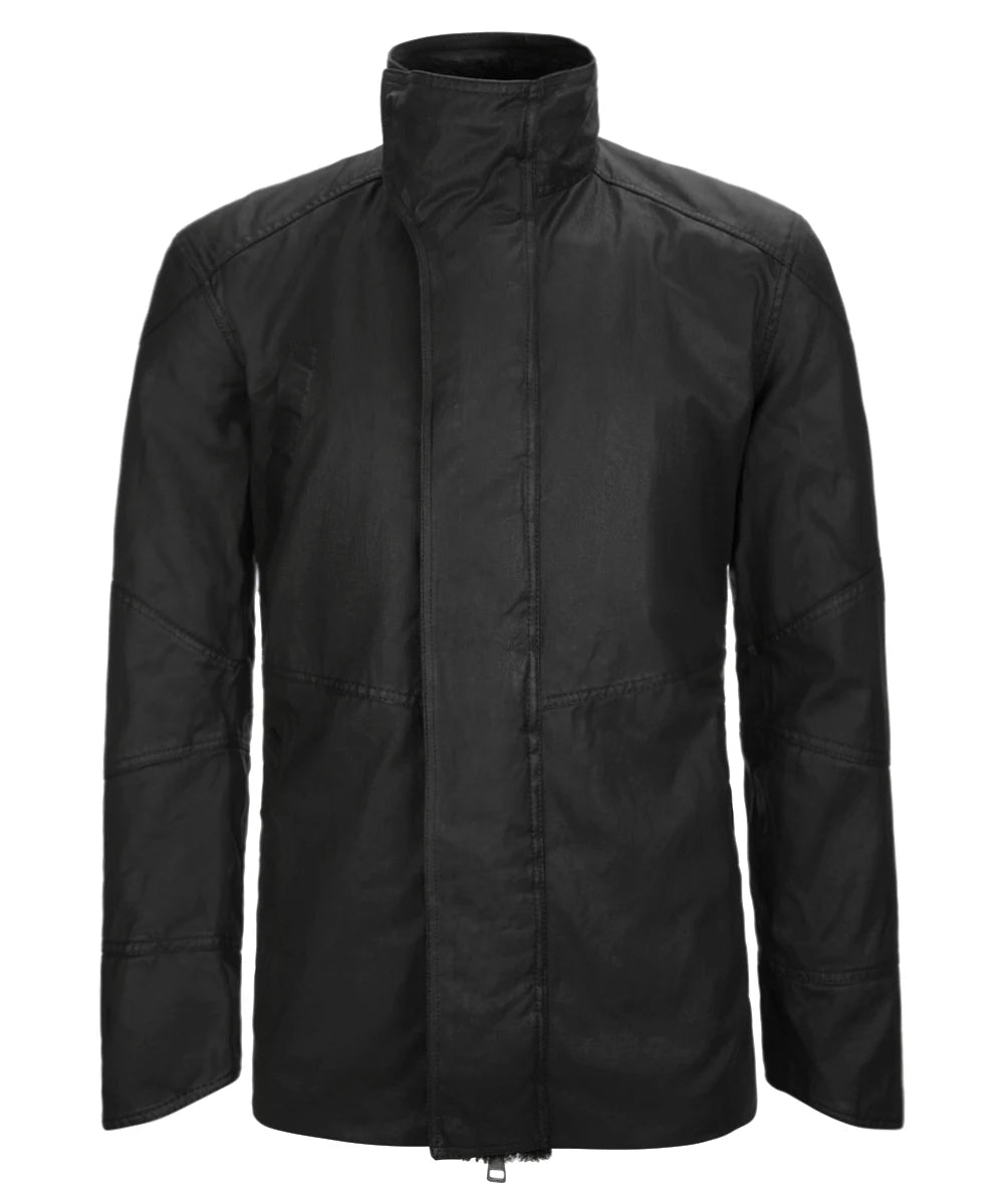 Menâ€™s black 2049 jacket with structured high collar
