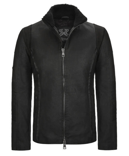 Front view of A-10 black jacket with raised collar and suede detail