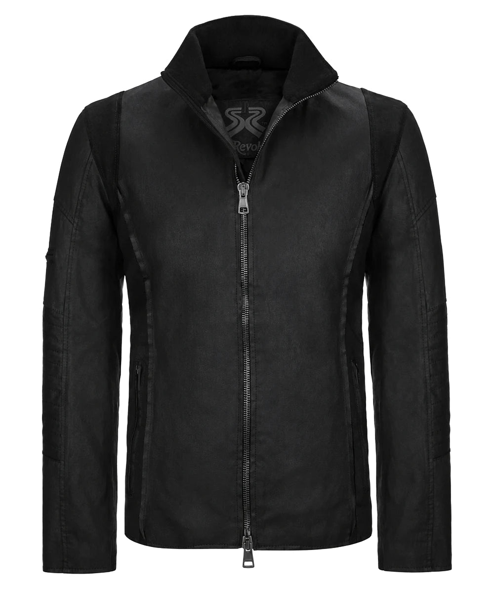 Front view of A-10 black jacket with raised collar and suede detail