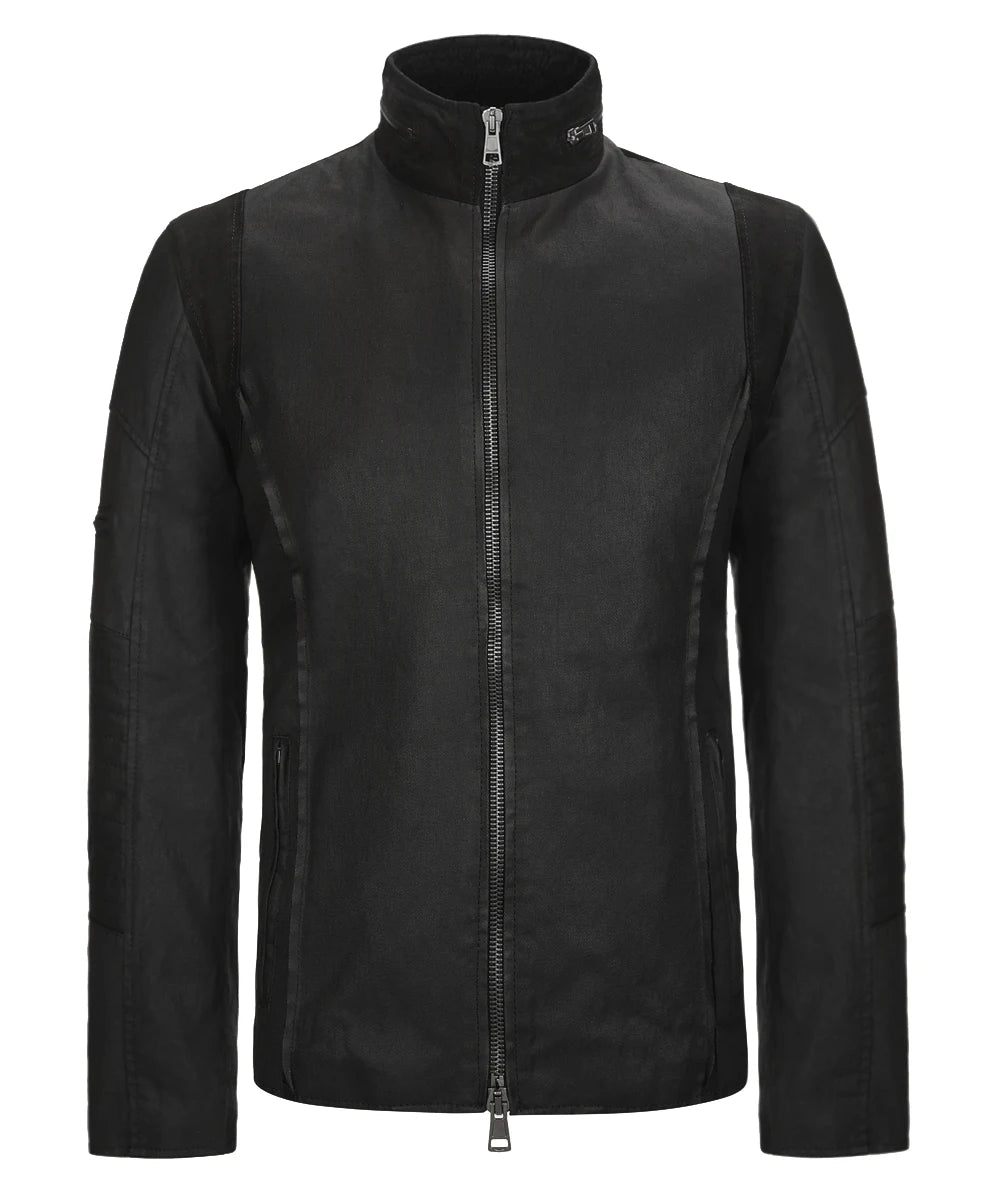 Front view of A-10 black jacket with raised collar and suede detail