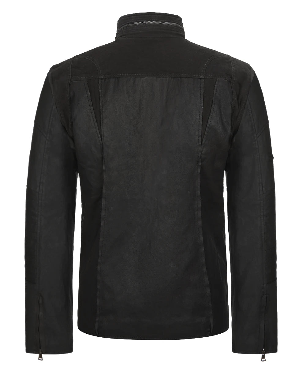 Rear view of A-10 black jacket with suede panel detailing