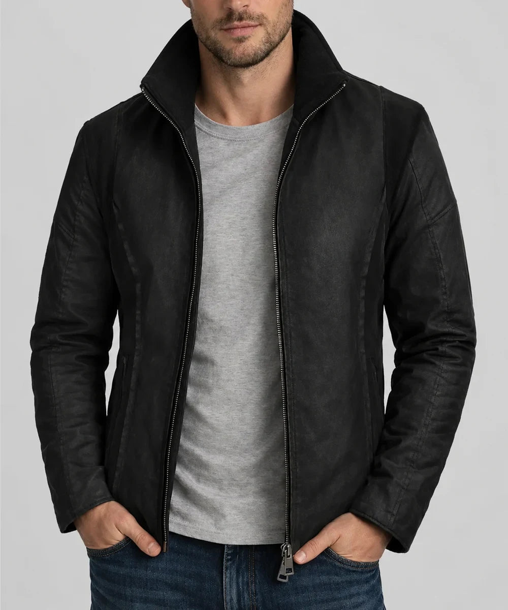Men's A-10 black jacket with suede detail worn open by male model