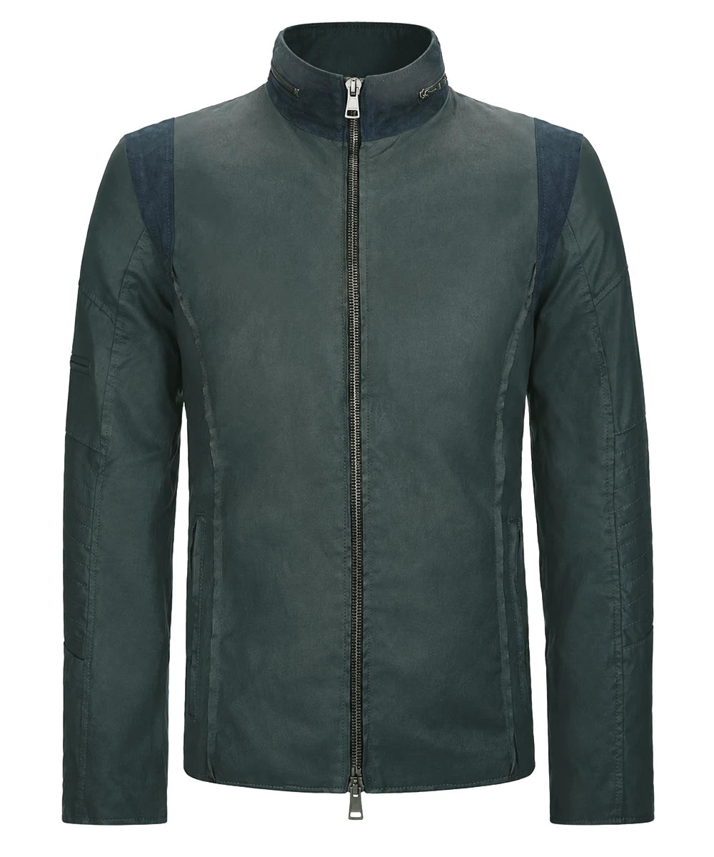 Front view of A-10 green jacket with zip front and high collar