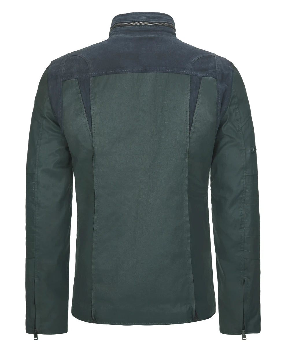 Rear view of A-10 green jacket with suede panel detailing