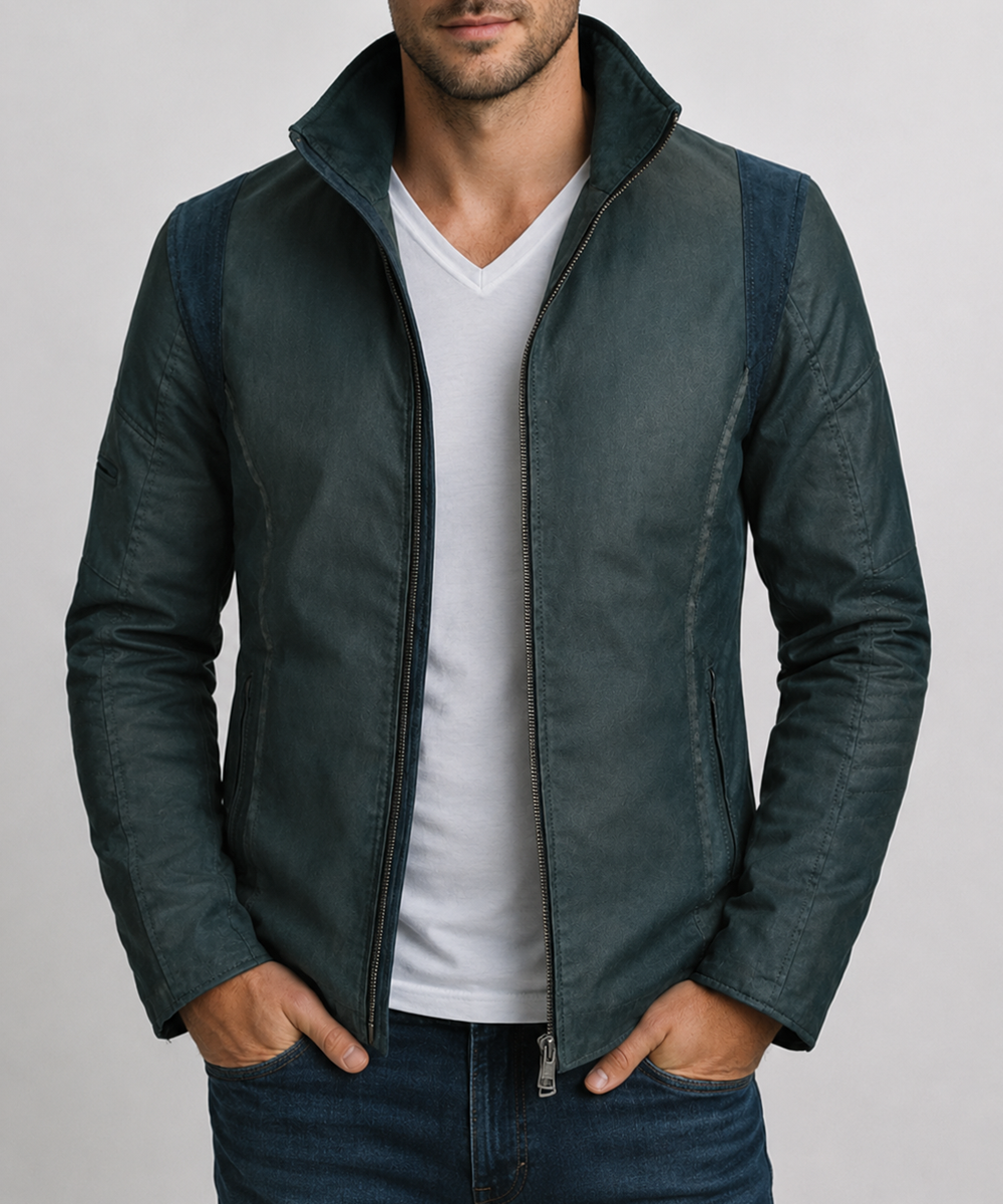 Male model wearing A-10 green jacket with suede collar and details