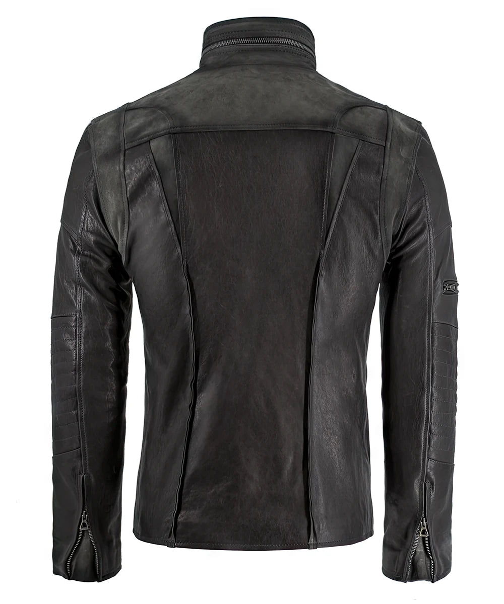 Rear view of menâ€™s grey leather A-10 jacket with panel detailing