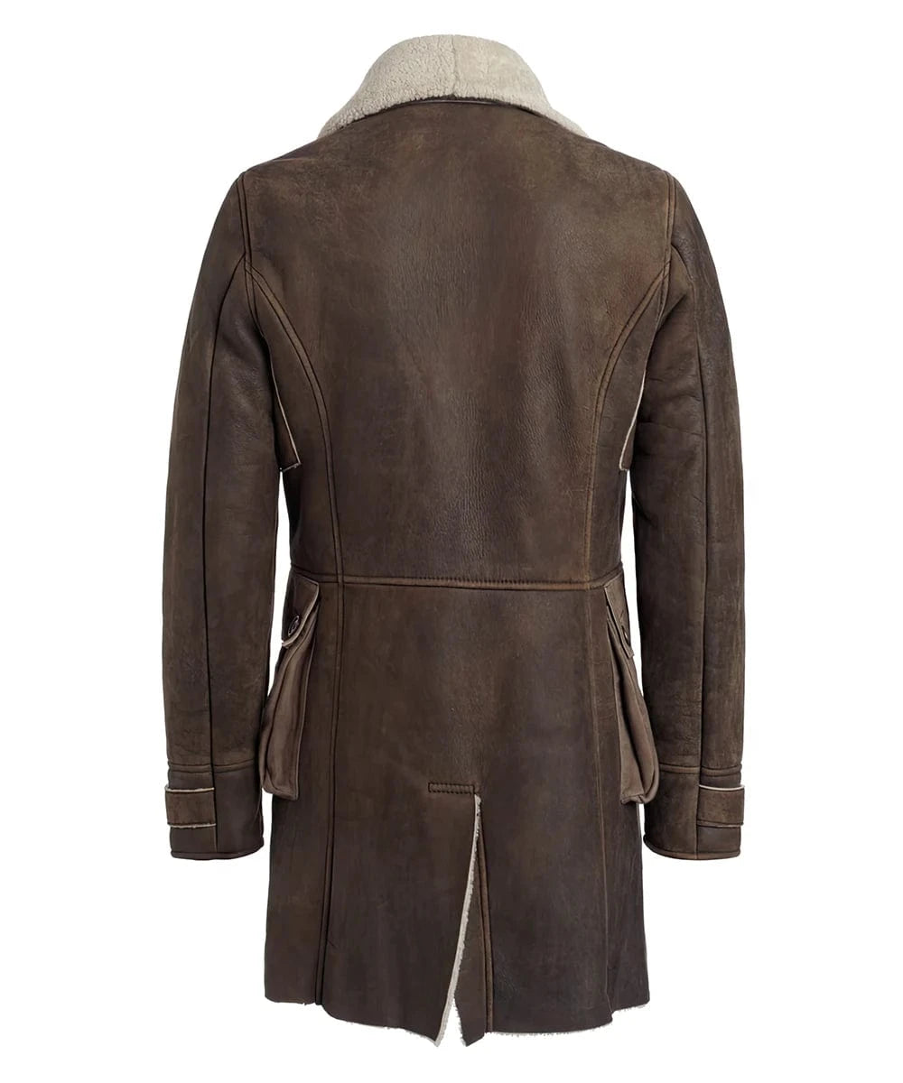 Back view of brown Bane replica shearling coat with tailored seams and shearling collar