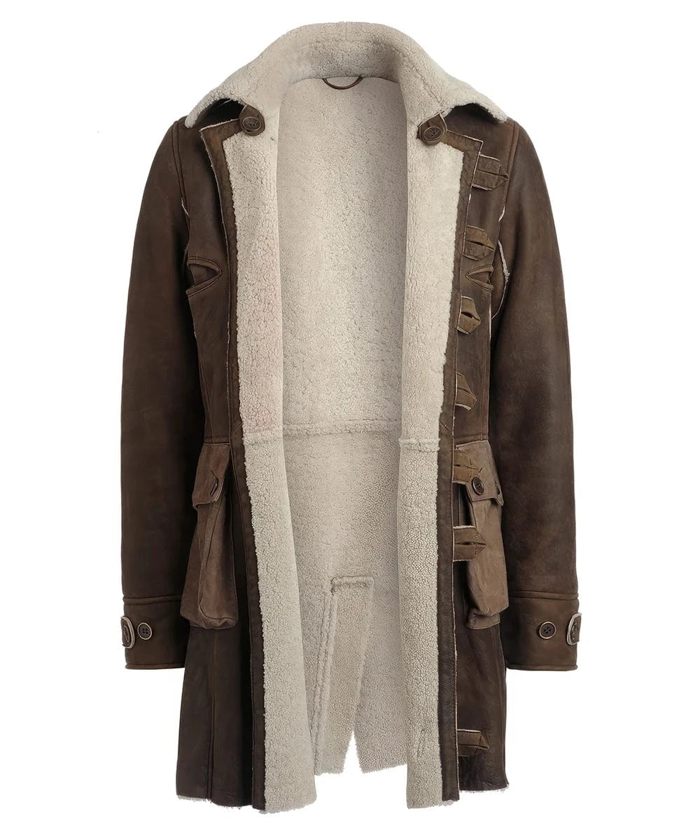 Open front view of brown Bane replica shearling coat with full shearling lining