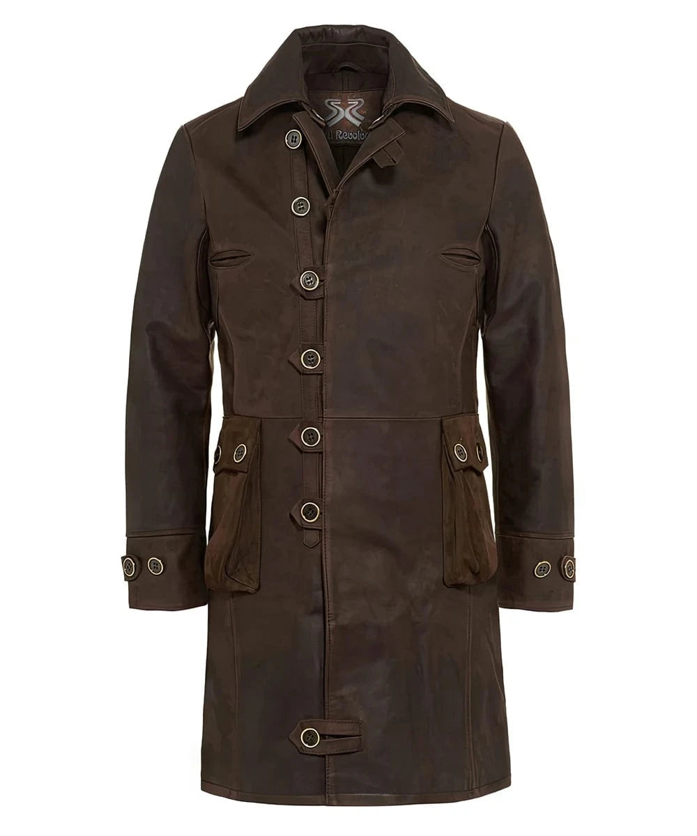 Brown Bane replica coat in Italian calf leather with button front and longline fit
