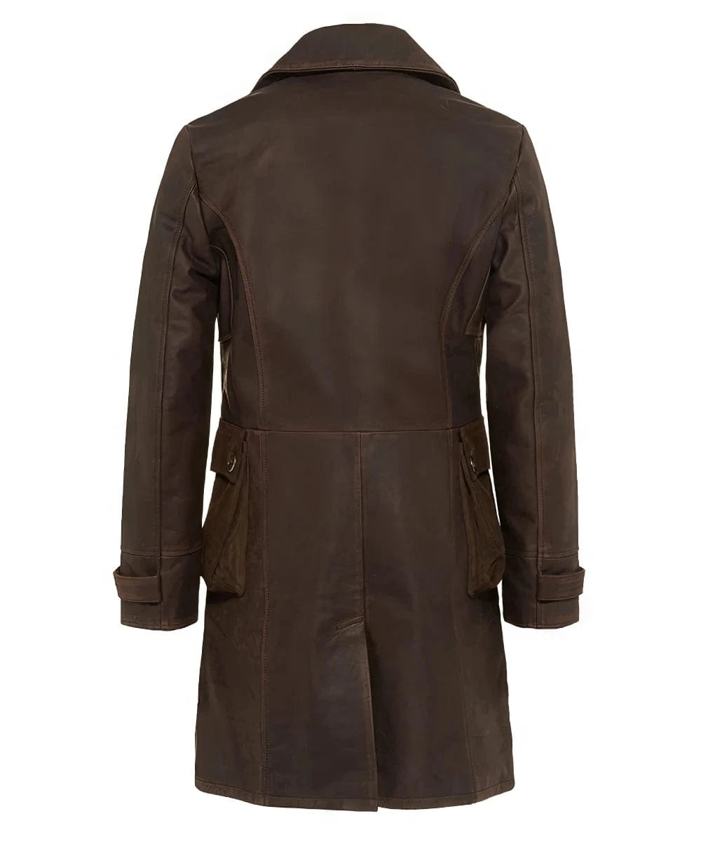 Back view of brown Bane replica coat in Italian calf leather with tailored longline fit