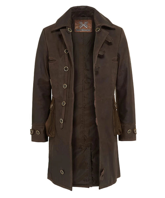 Open front view of brown Bane coat in vegetable tanned Italian calf leather