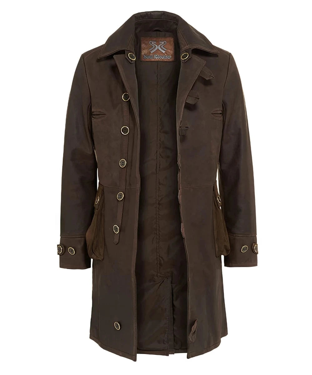 Open front view of brown Bane coat in vegetable tanned Italian calf leather