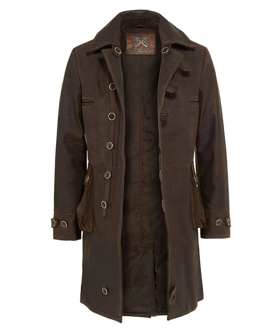 Open front view of brown Bane coat in vegetable tanned Italian calf leather