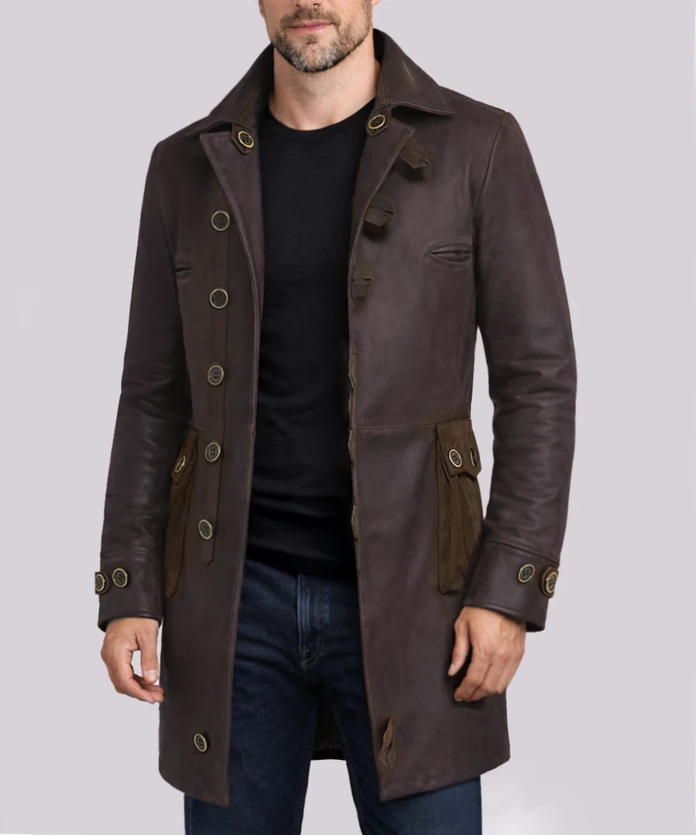 Model wearing brown Bane replica coat in Italian calf leather with open front style
