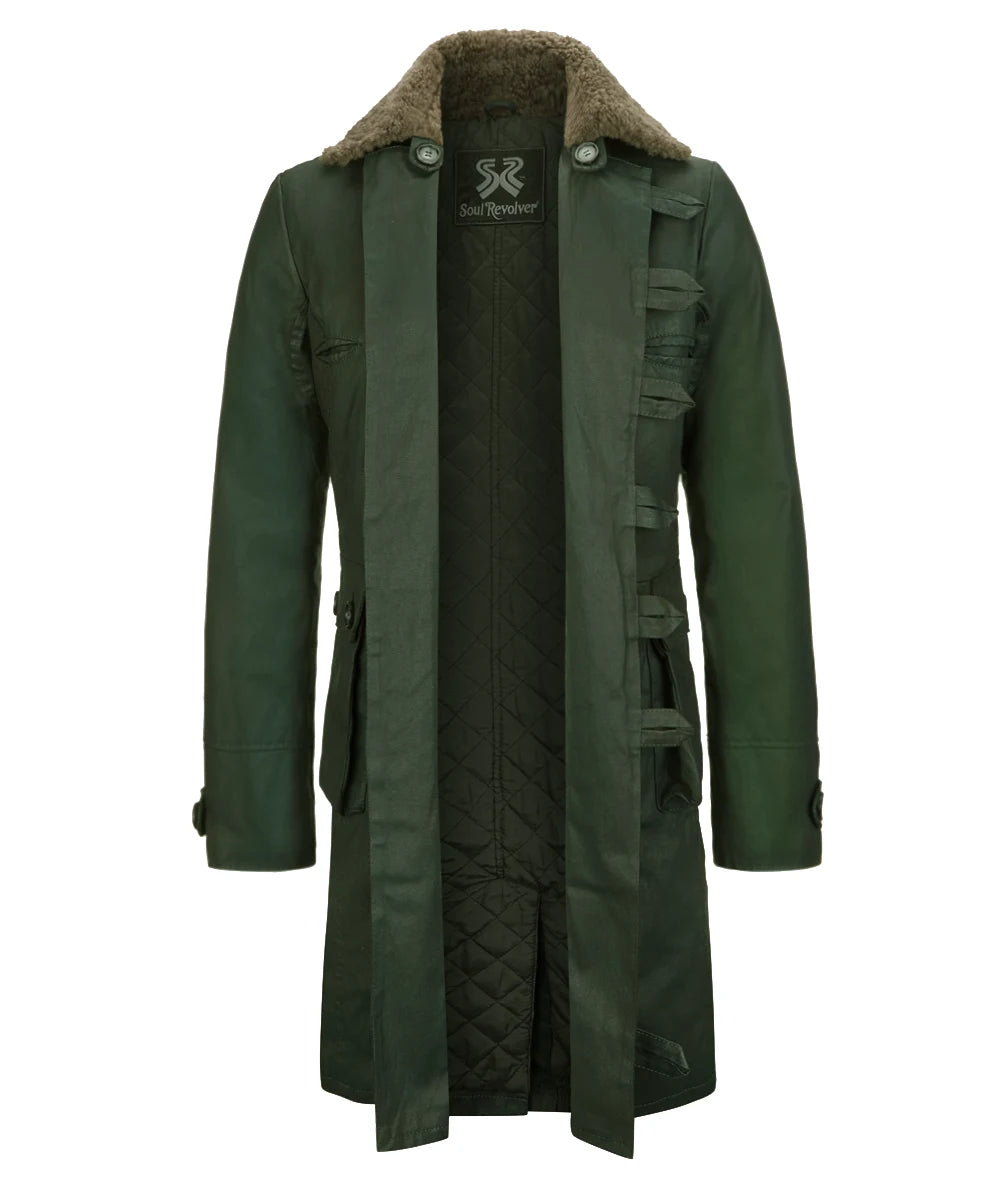 Open front view of green Bane replica coat with quilted lining and shearling collar