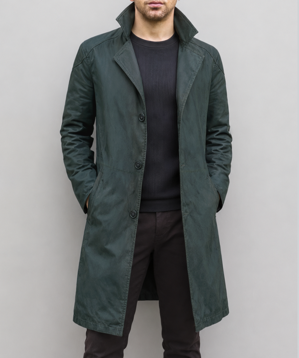 Male model wearing green Billy Butcher inspired coat from The Boys