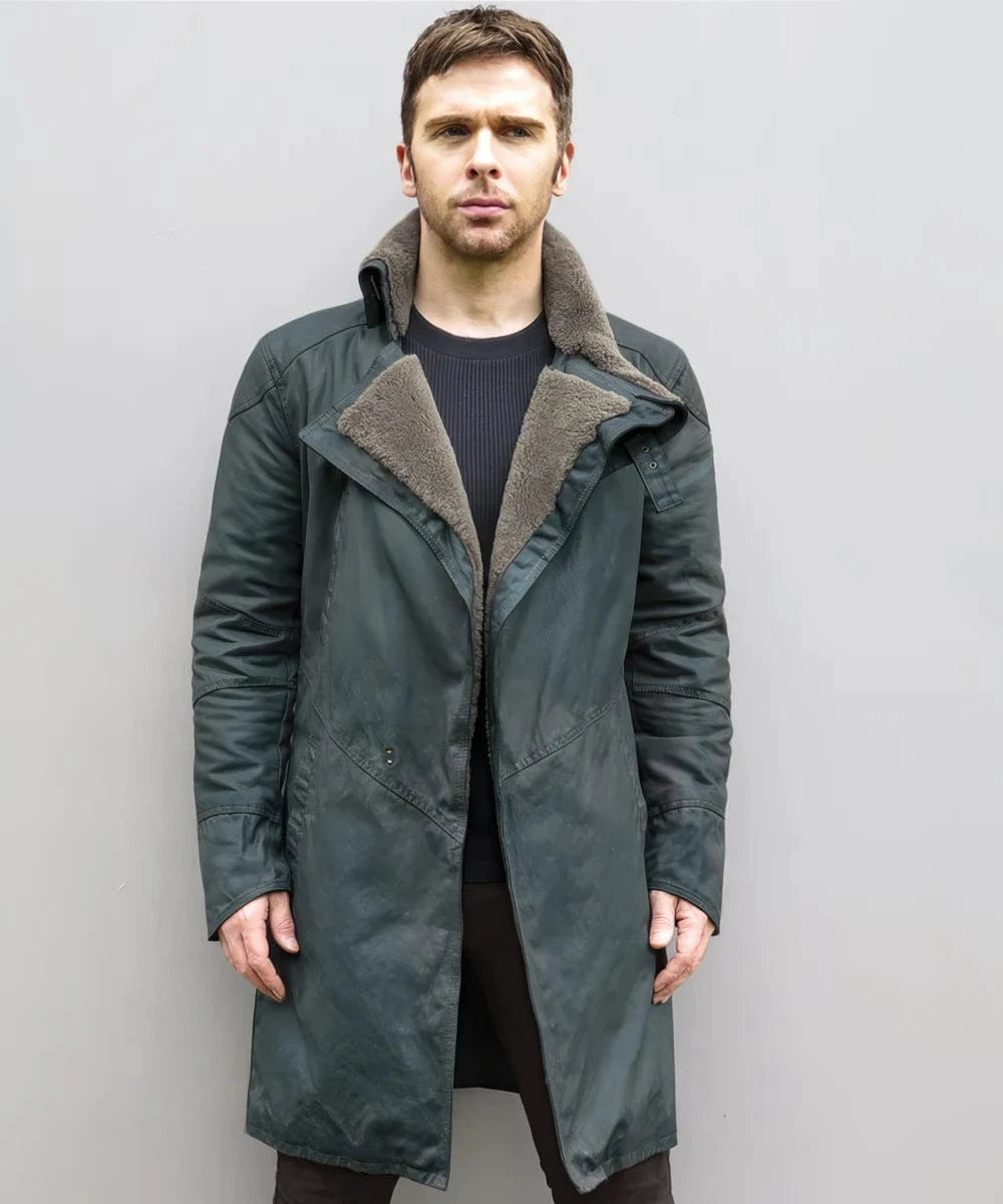 Unfastened photo of a model wearing the Blade Runner 2049 coat as seen on Ryan Gosling.