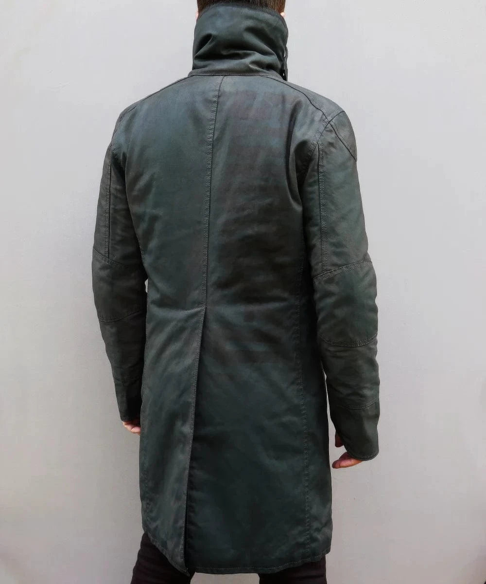 Back view of the Soul Revolver Blade Runner 2049 coat showing the graphic sci-f lettering.