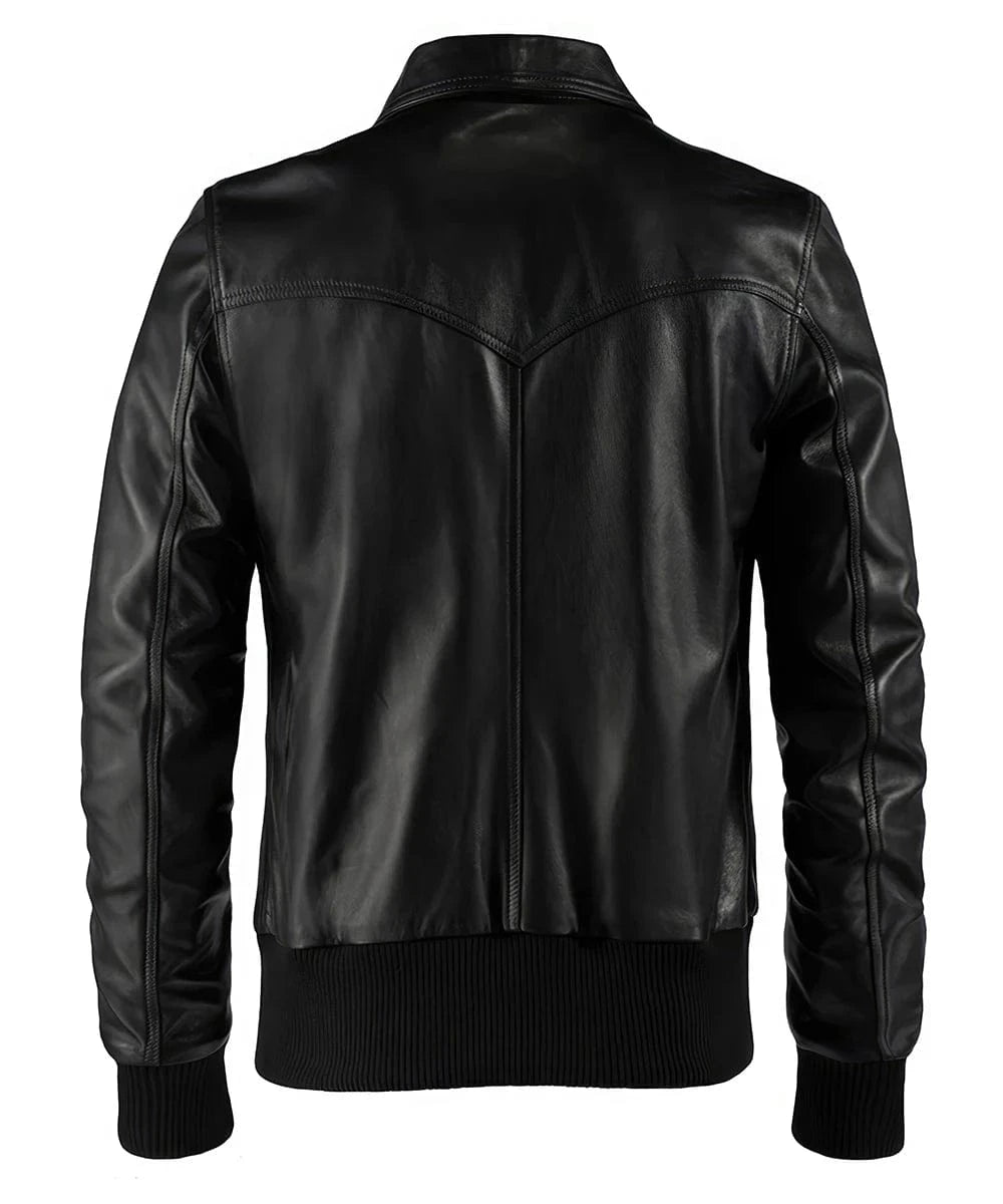 Back view of vintage black leather bomber jacket with slim fit styling and ribbed knit trim