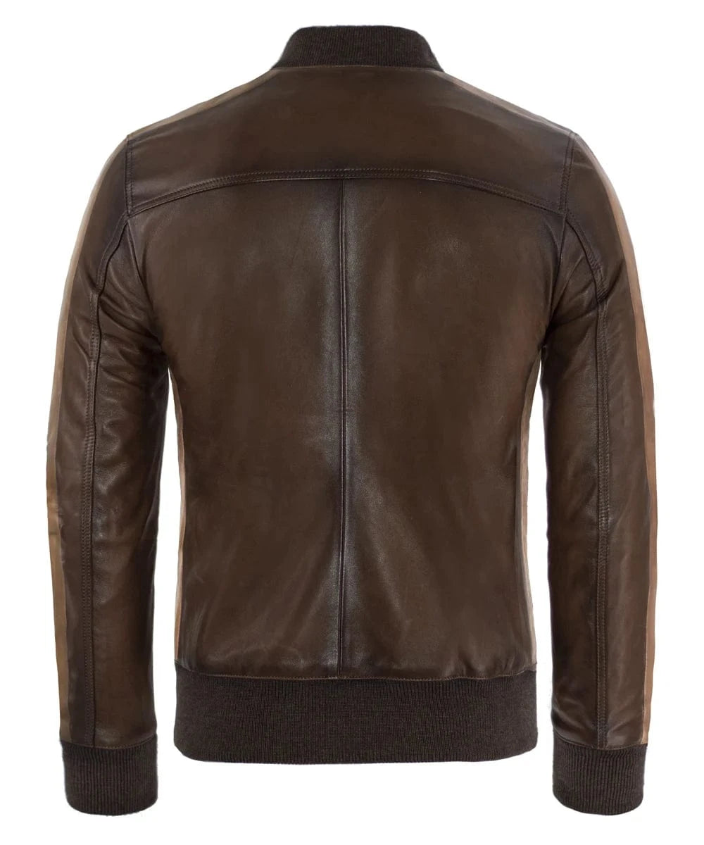 Back view of vintage brown leather bomber jacket with slim fit styling and ribbed knit trim