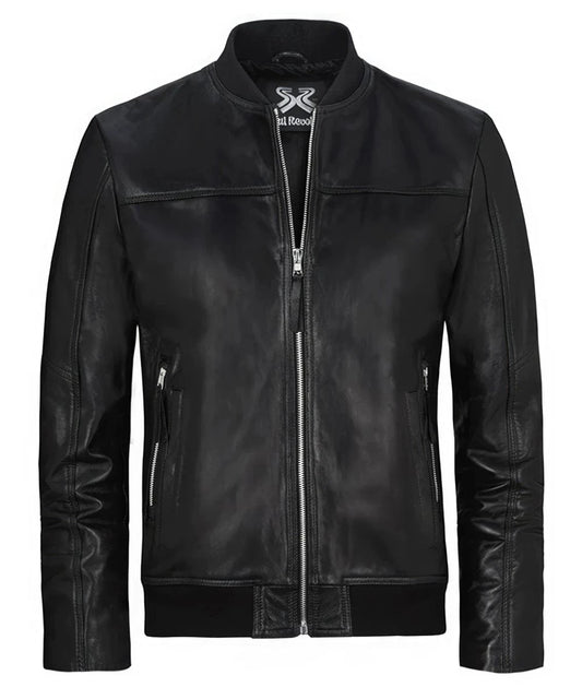 Black leather Legacy bomber jacket with slim fit styling, band collar, silver zip front closure, zip side pockets, and clean minimalist leather panel detailing