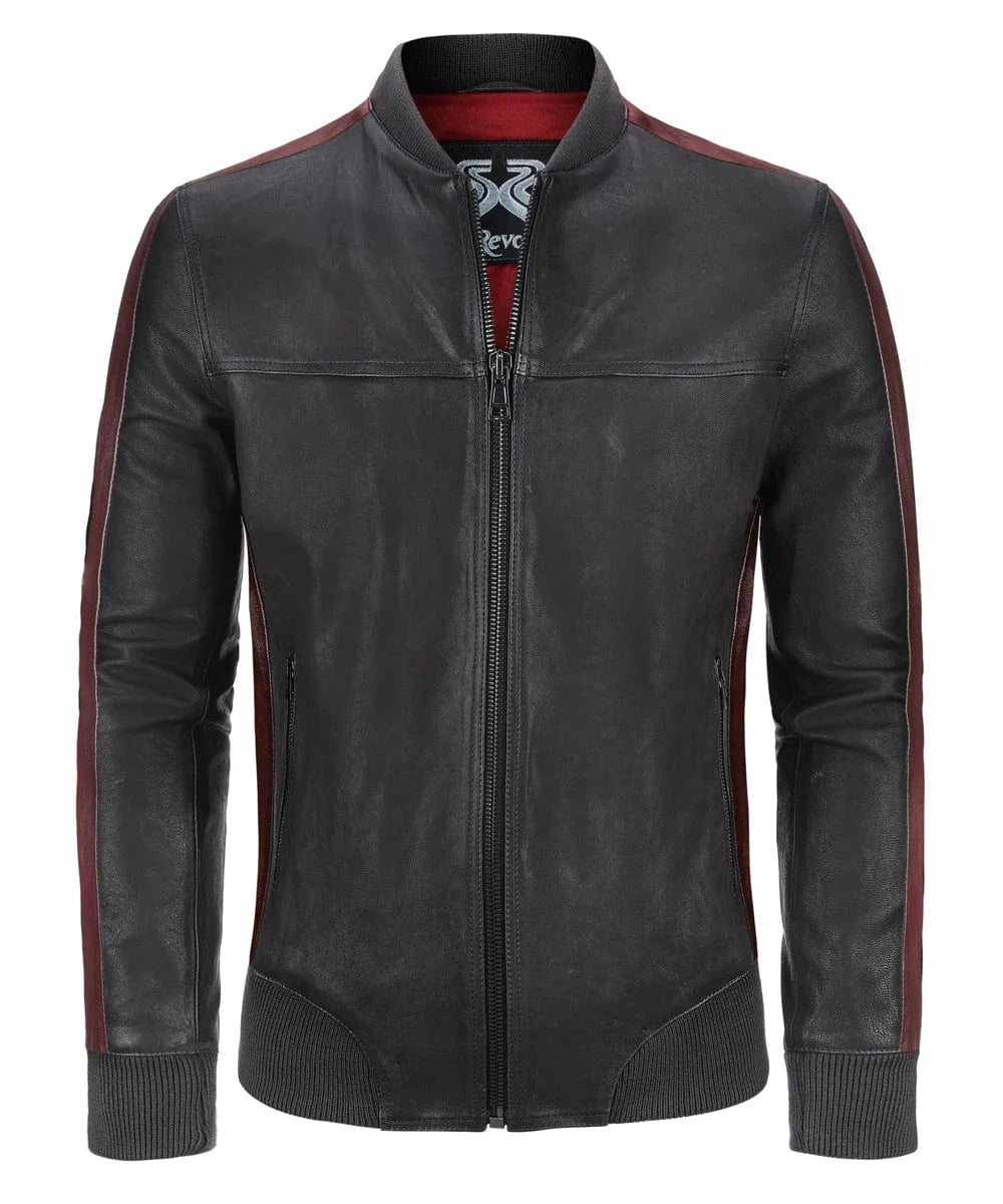 Front view of vintage black leather bomber jacket with slim fit styling, ribbed knit trim, and contrast red leather detailing