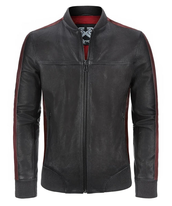 Front view of vintage black leather bomber jacket with slim fit styling, ribbed knit trim, and contrast red leather detailing