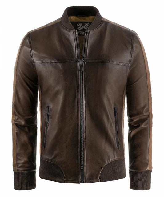 Front view of vintage brown leather bomber jacket with slim fit styling and ribbed knit trim