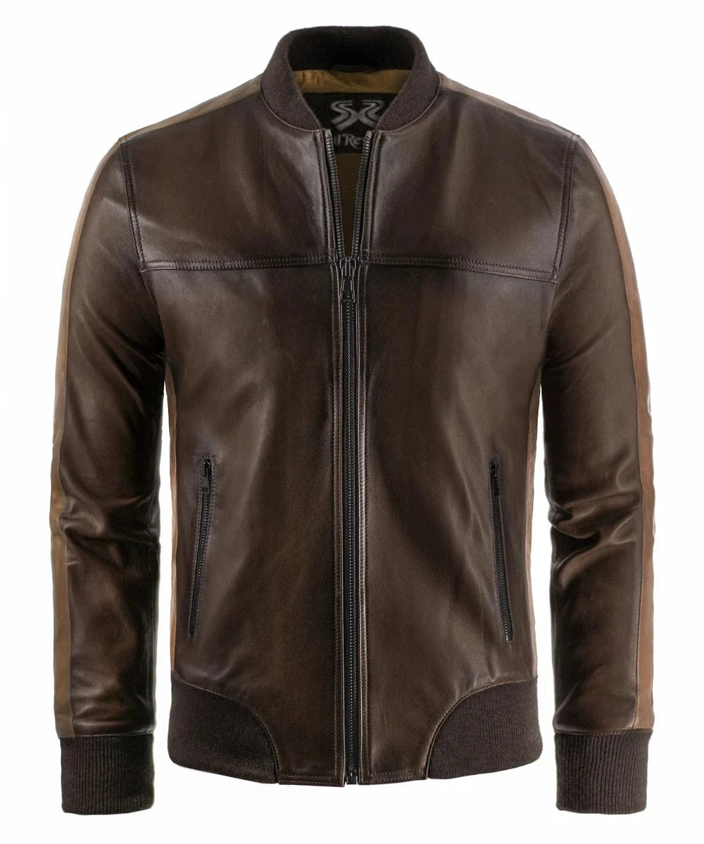 Front view of vintage brown leather bomber jacket with slim fit styling and ribbed knit trim