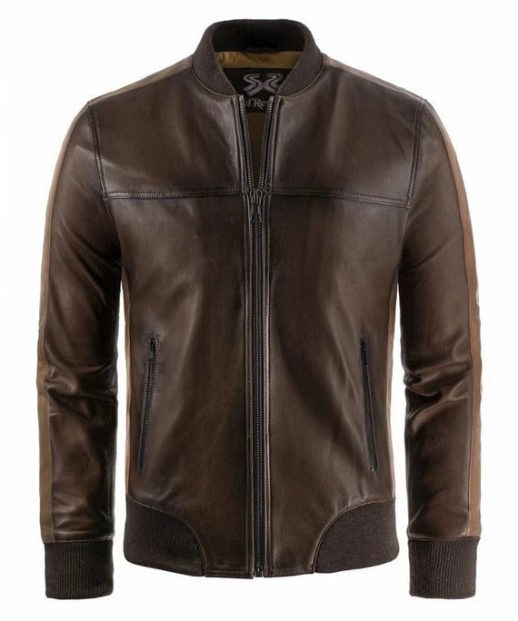Front view of vintage brown leather bomber jacket with slim fit styling and ribbed knit trim
