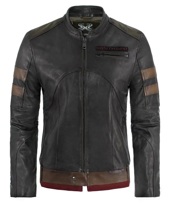 Grey Bounty Hunter leather jacket with striped sleeves and zip front view
