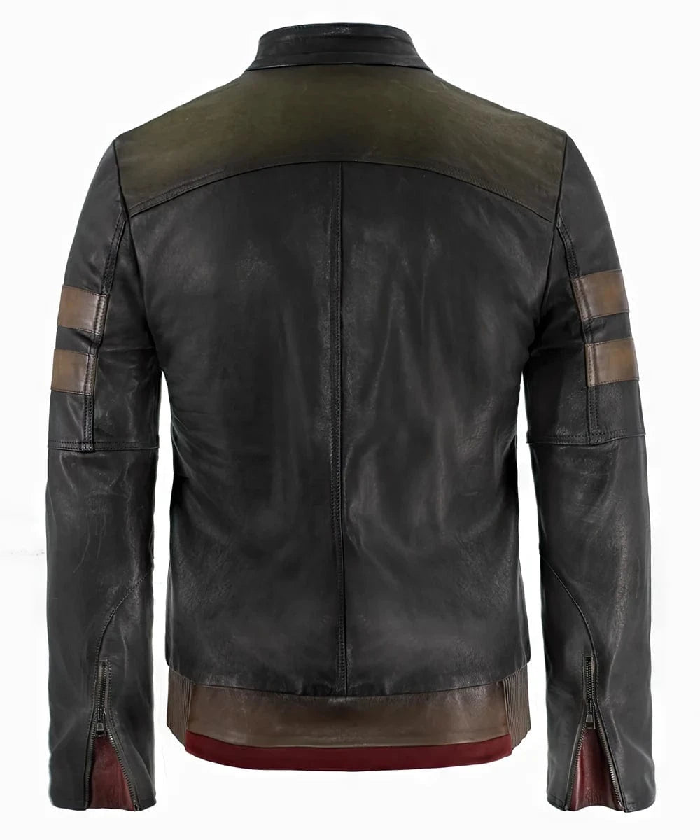 Back view of grey Bounty Hunter leather jacket with striped sleeves and zip cuffs