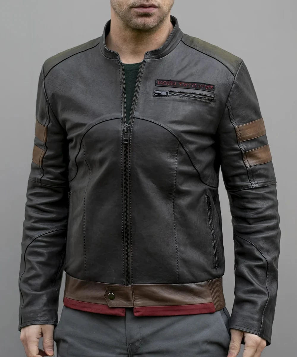 Model wearing grey Bounty Hunter leather jacket with striped sleeves and zip front style