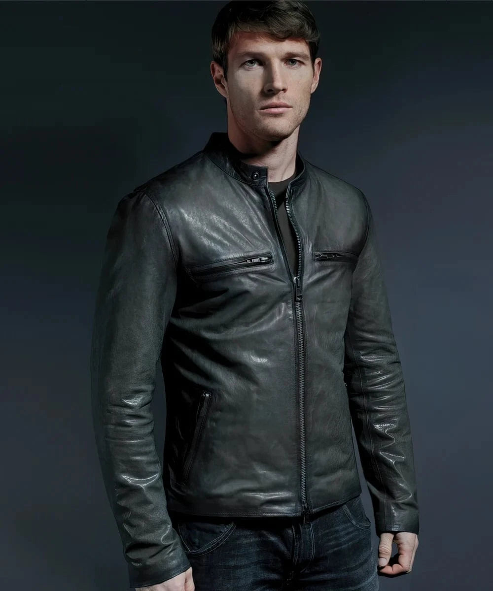 Model wearing grey cafe racer leather jacket with stand collar and zip front style